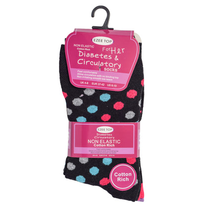 Ladies Non Elastic Diabetic Socks - Black Polka Dot (12 Pairs)