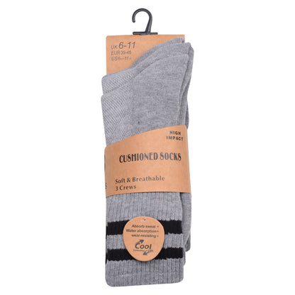 Mens 3 Pair Sport Socks - Grey - Black Stripes (12 Pairs)