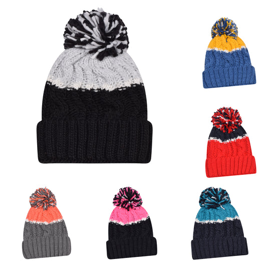 Two Tone Pompom Hats - Teddy Fur Fleece Lined