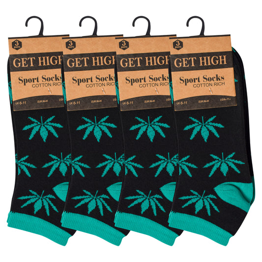 Mens Trainer Socks - Black Ganja Leaf (12 Pairs)