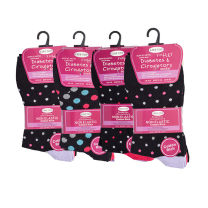 Ladies Non Elastic Diabetic Socks - Black Polka Dot (12 Pairs)