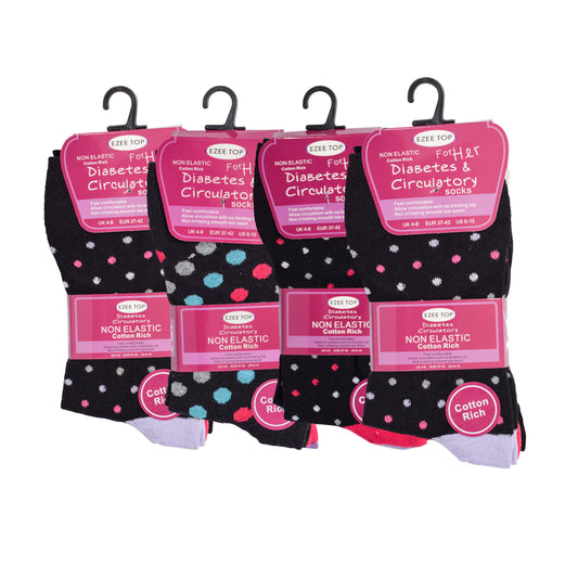 Ladies Non Elastic Diabetic Socks - Black Polka Dot (12 Pairs)