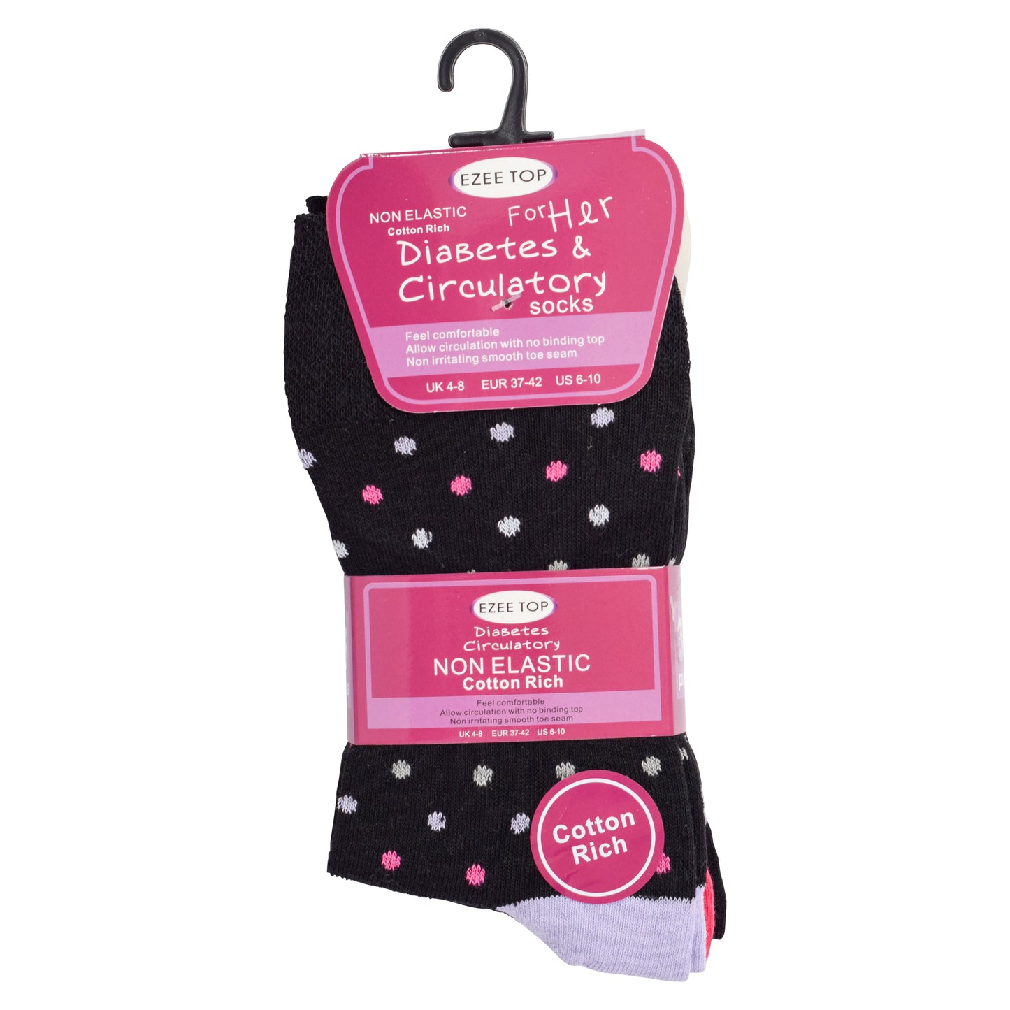 Ladies Non Elastic Diabetic Socks - Black Polka Dot (12 Pairs)
