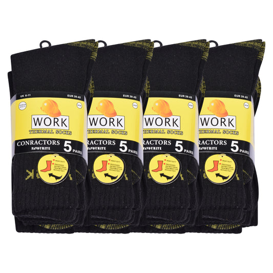 Mens Heavy Duty Chunky 5 Pair Work Socks - Black V10 (20 Pairs)