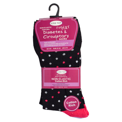 Ladies Non Elastic Diabetic Socks - Black Polka Dot (12 Pairs)