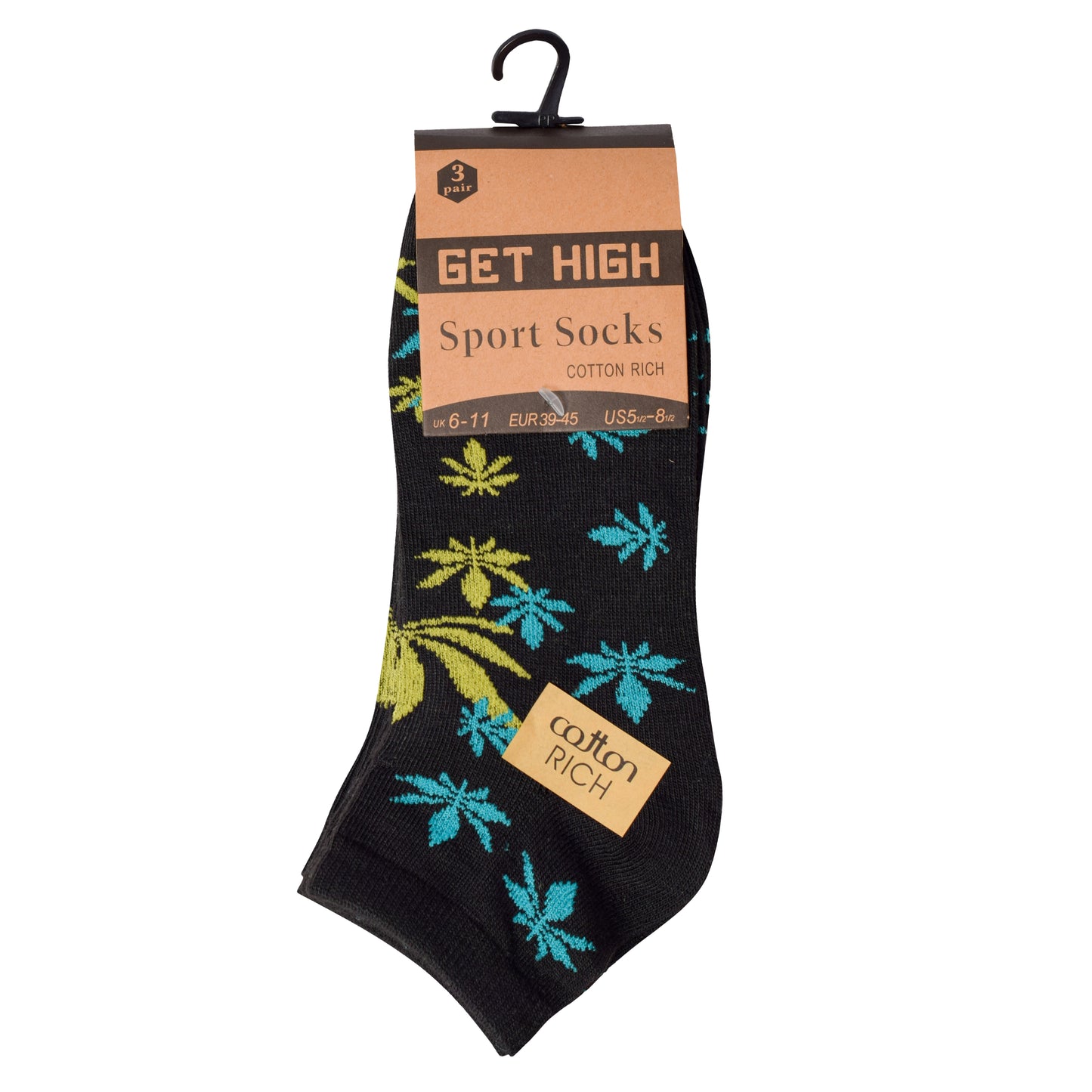 Mens Trainer Socks - Black Multi Ganja Leaf (12 Pairs)