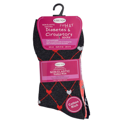 Ladies Non Elastic Diabetic Socks - Connected Hearts Pattern (12 Pairs)