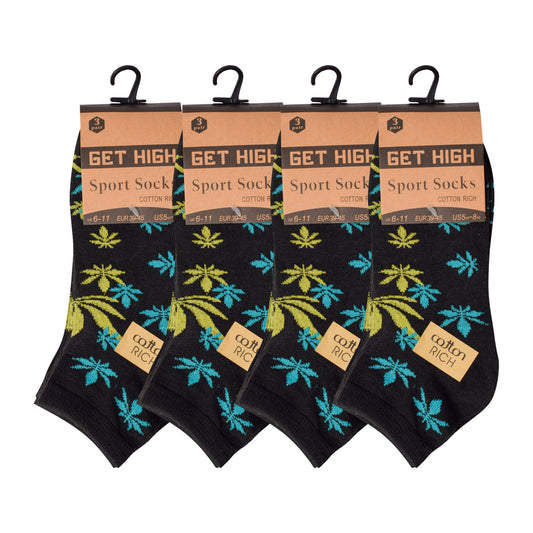 Mens Trainer Socks - Black Multi Ganja Leaf (12 Pairs)
