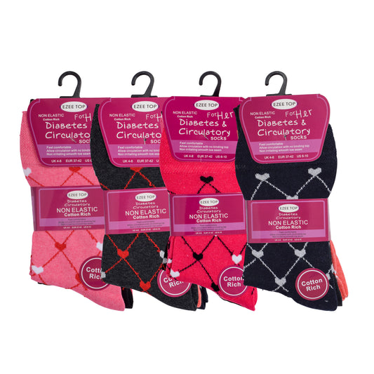 Ladies Non Elastic Diabetic Socks - Connected Hearts Pattern (12 Pairs)