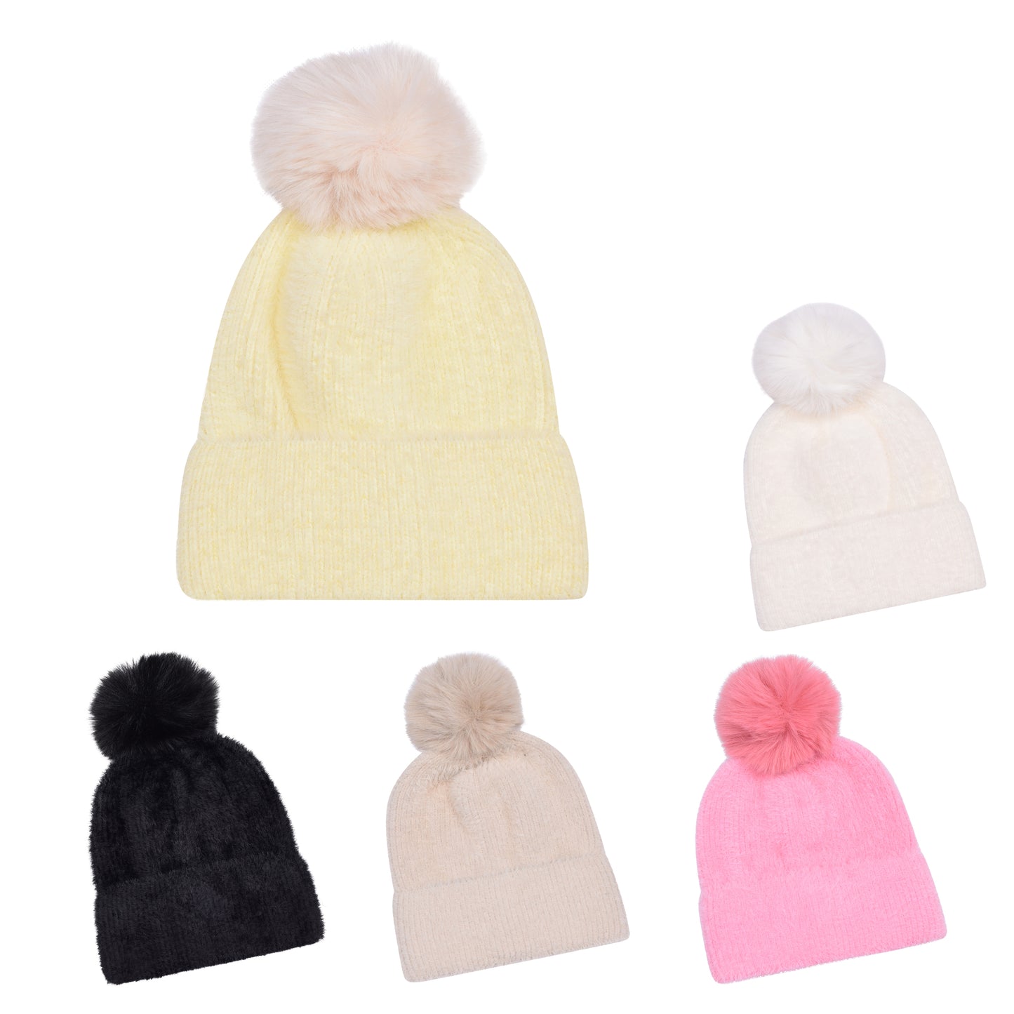 Kids Faux Fur Chenille Pompom Hats – Assorted Colours (Prepacked 12 pcs)
