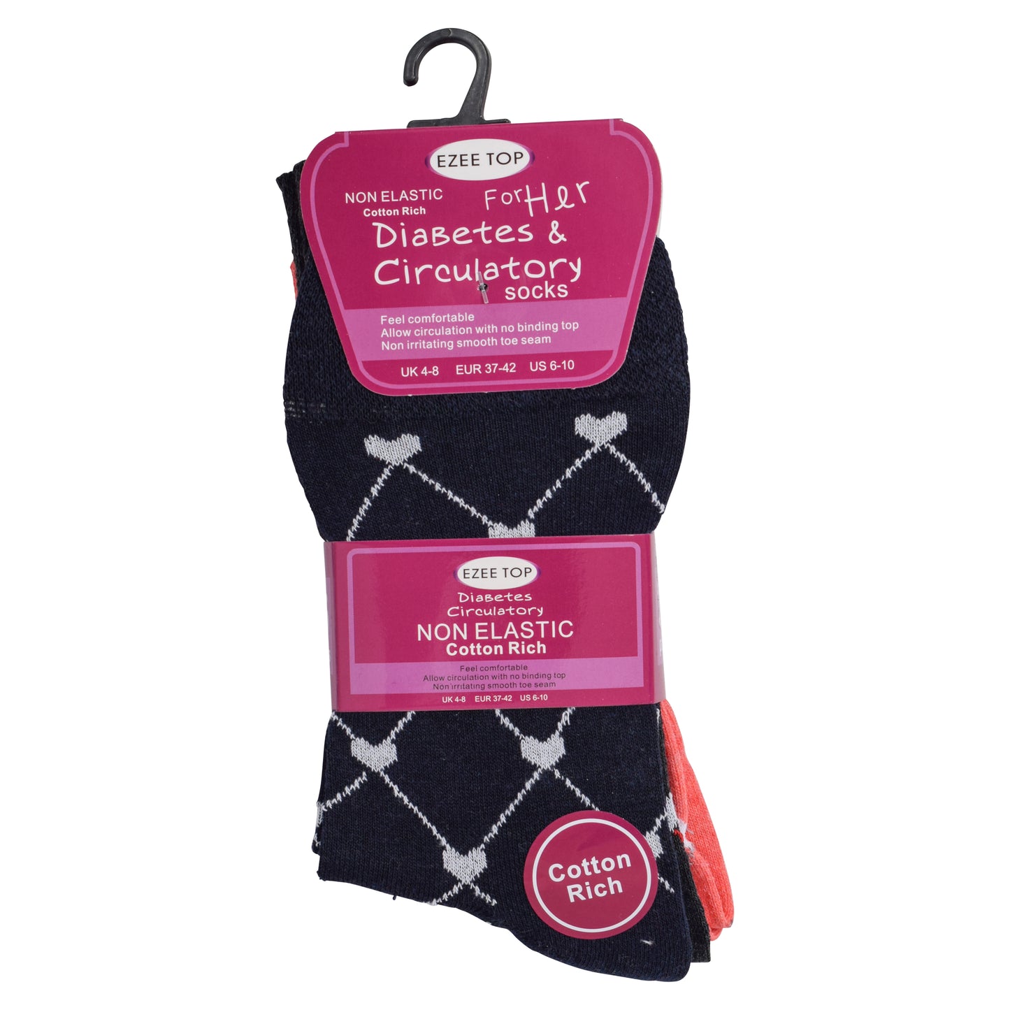 Ladies Non Elastic Diabetic Socks - Connected Hearts Pattern (12 Pairs)