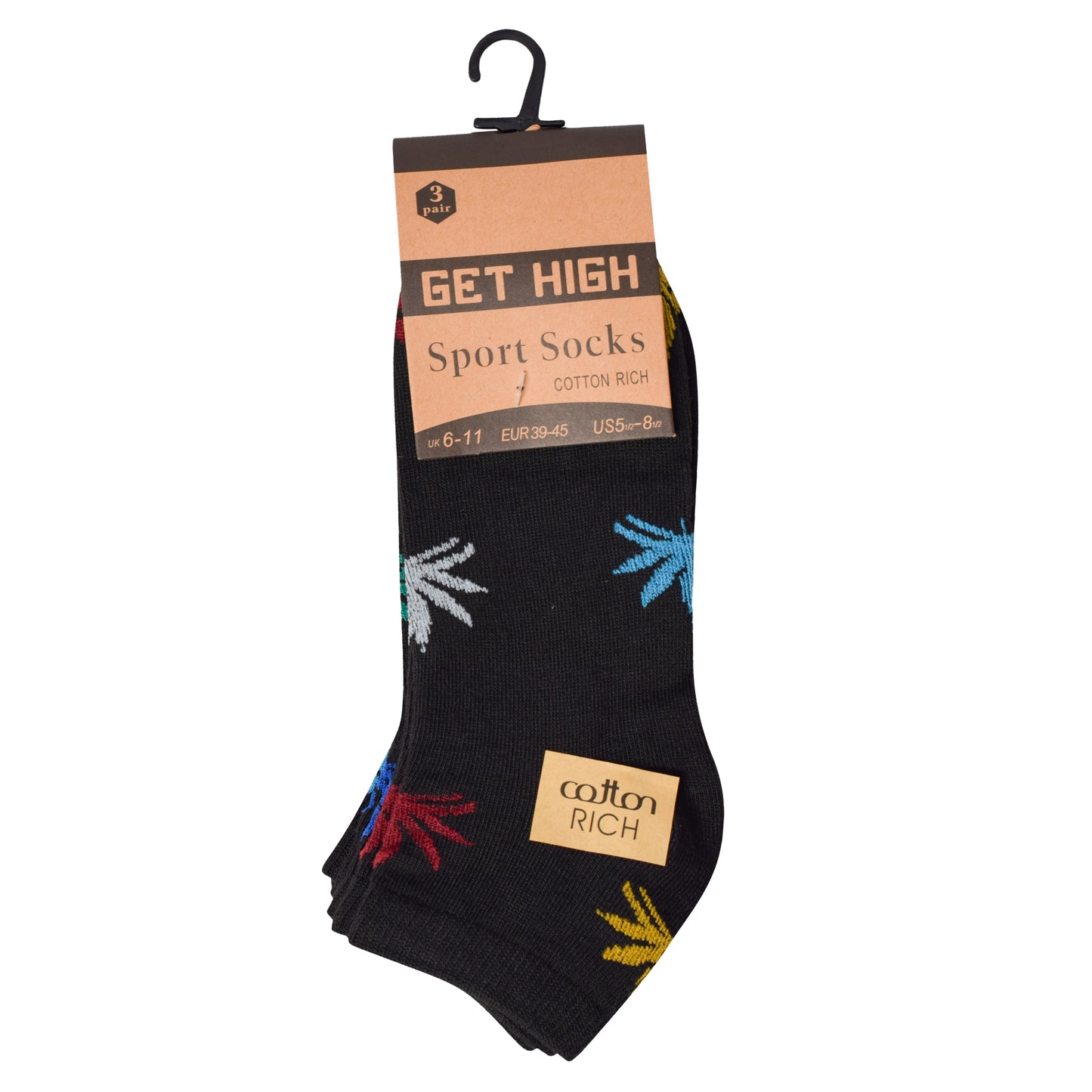 Mens Trainer Socks - Black Multi Ganja Leaf (12 Pairs)