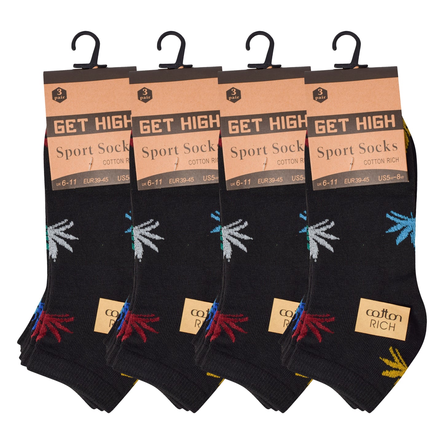 Mens Trainer Socks - Black Multi Ganja Leaf (12 Pairs)