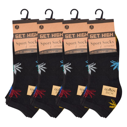 Mens Trainer Socks - Black Multi Ganja Leaf (12 Pairs)