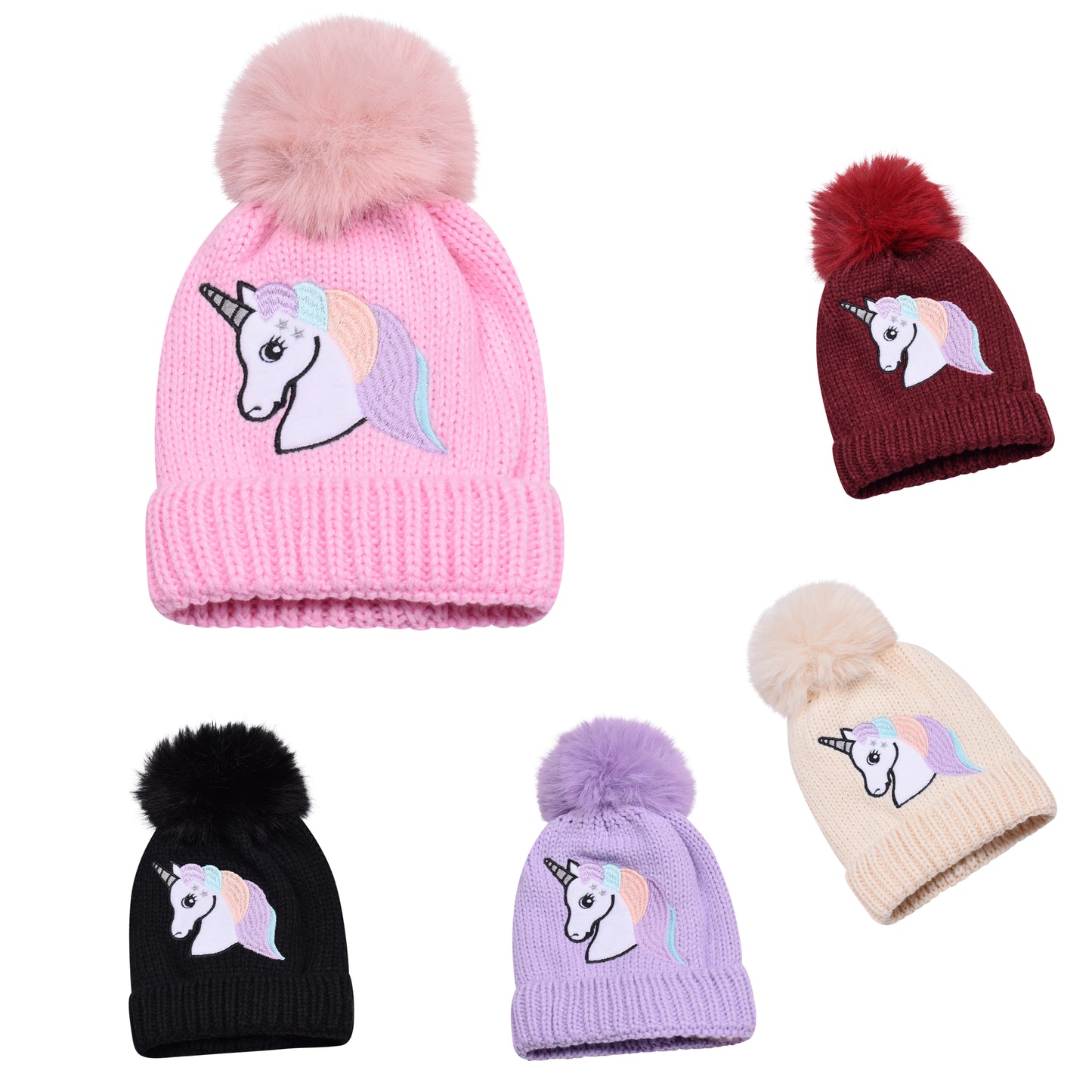 Kids Unicorn Fur-Lined Pompom Hats – Assorted Colours (Prepacked 12 pcs)