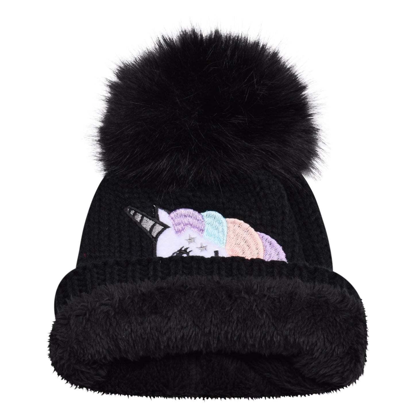 Kids Unicorn Fur-Lined Pompom Hats – Assorted Colours (Prepacked 12 pcs)