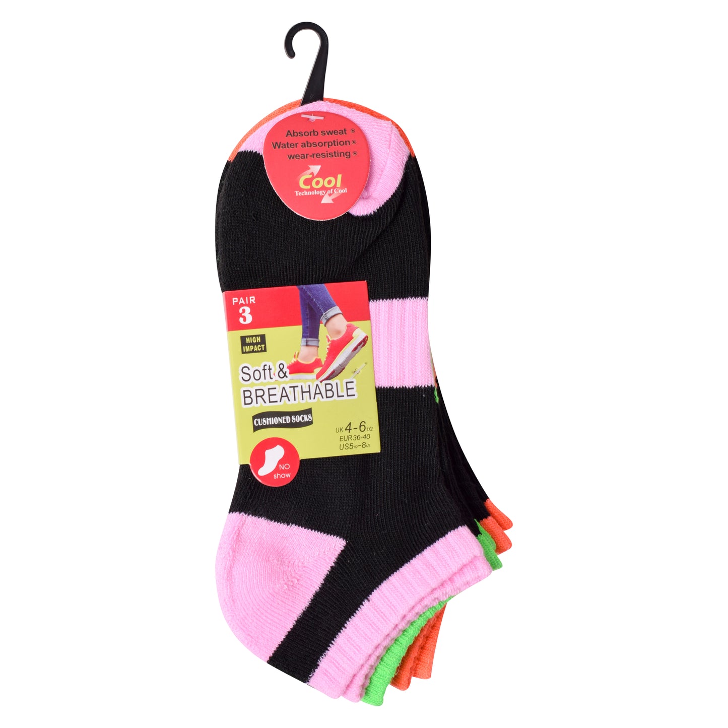 Ladies Cushioned Trainer Socks - Black/Assorted (12 Pairs)