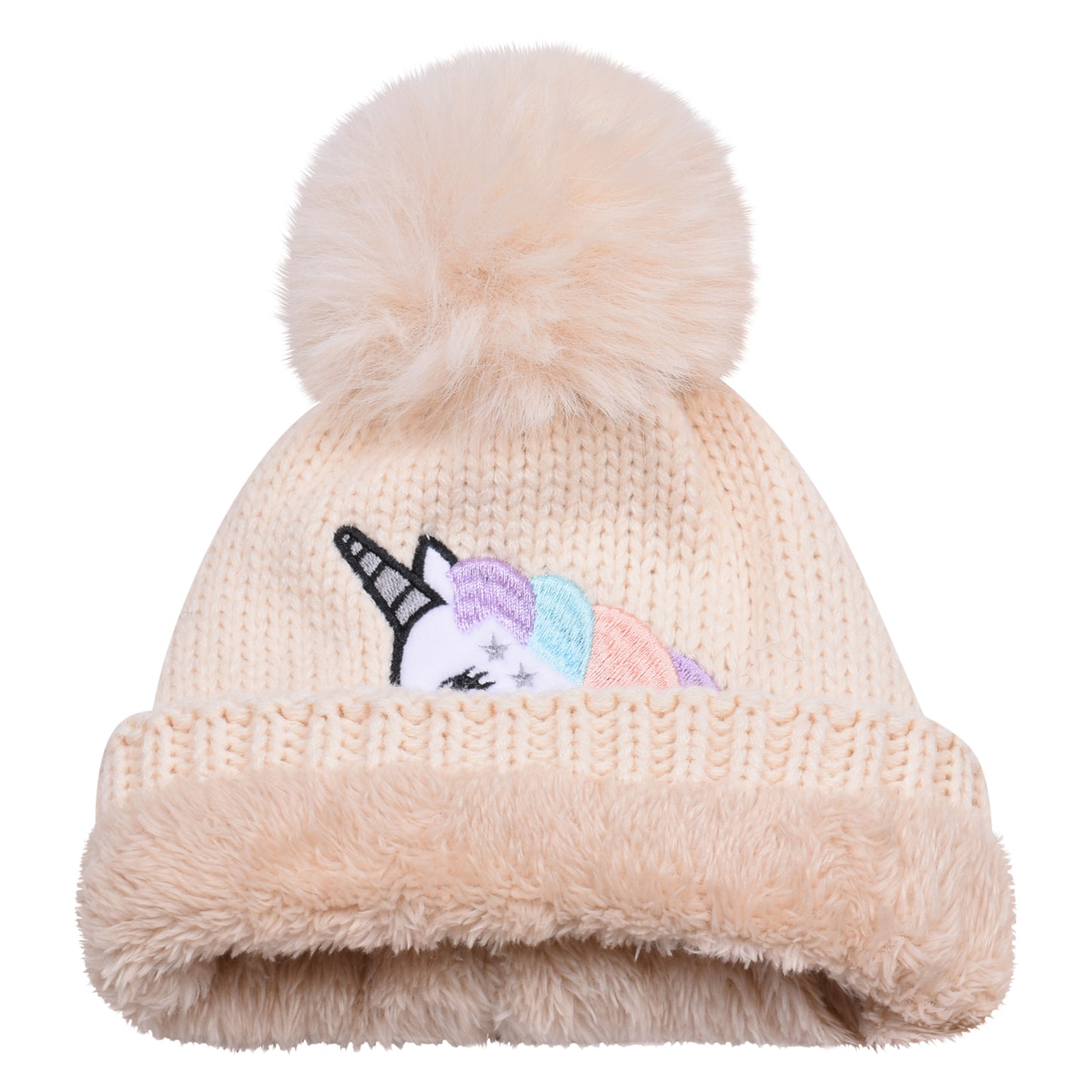 Kids Unicorn Fur-Lined Pompom Hats – Assorted Colours (Prepacked 12 pcs)