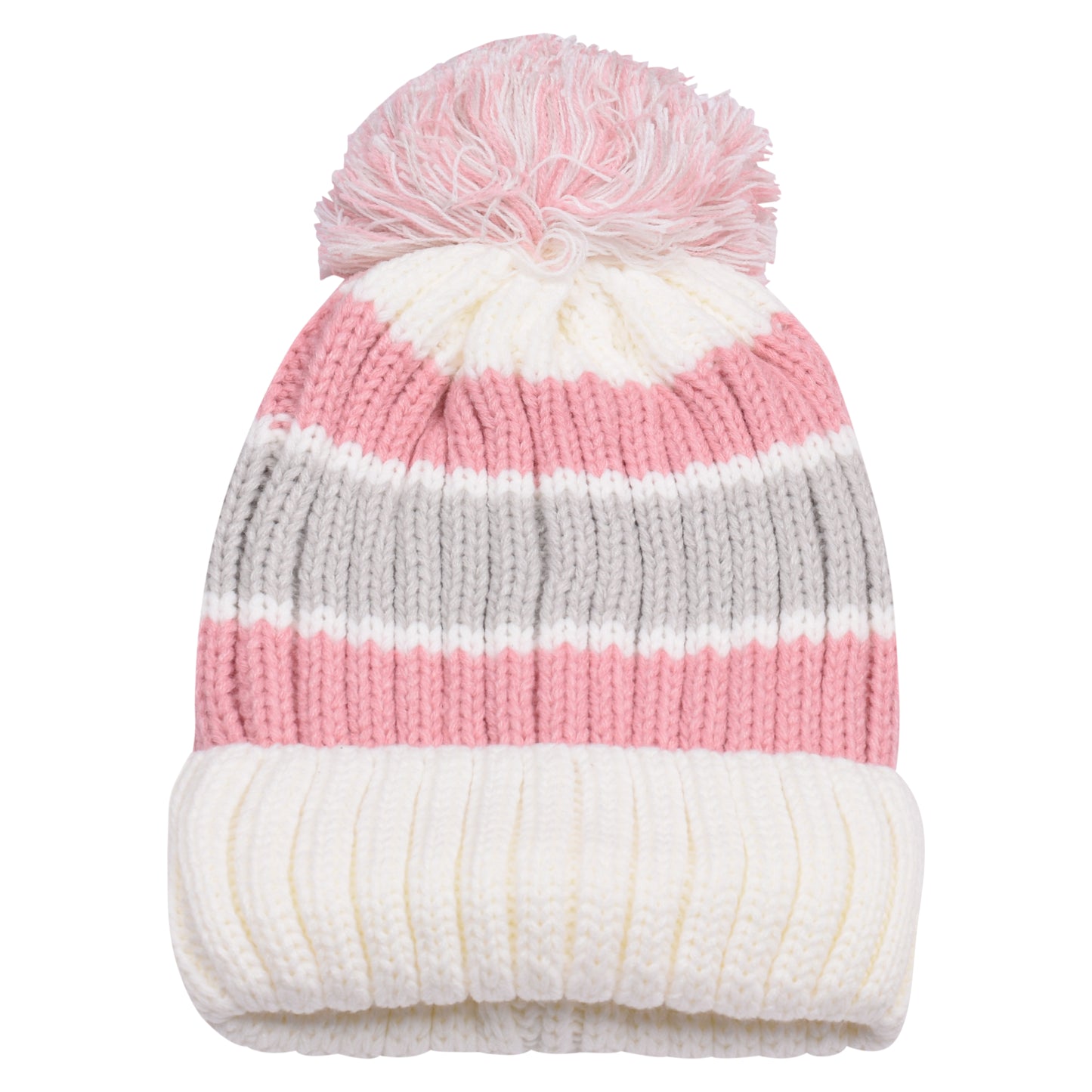 Thick Stripe Pompom Hats - Teddy Fur Fleece Lined