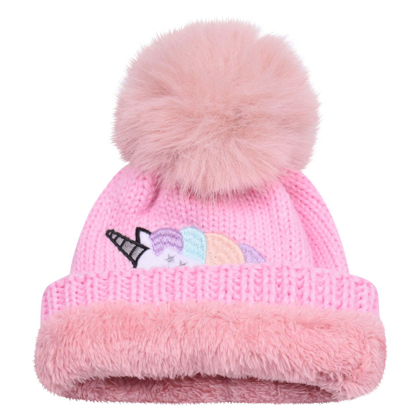 Kids Unicorn Fur-Lined Pompom Hats – Assorted Colours (Prepacked 12 pcs)