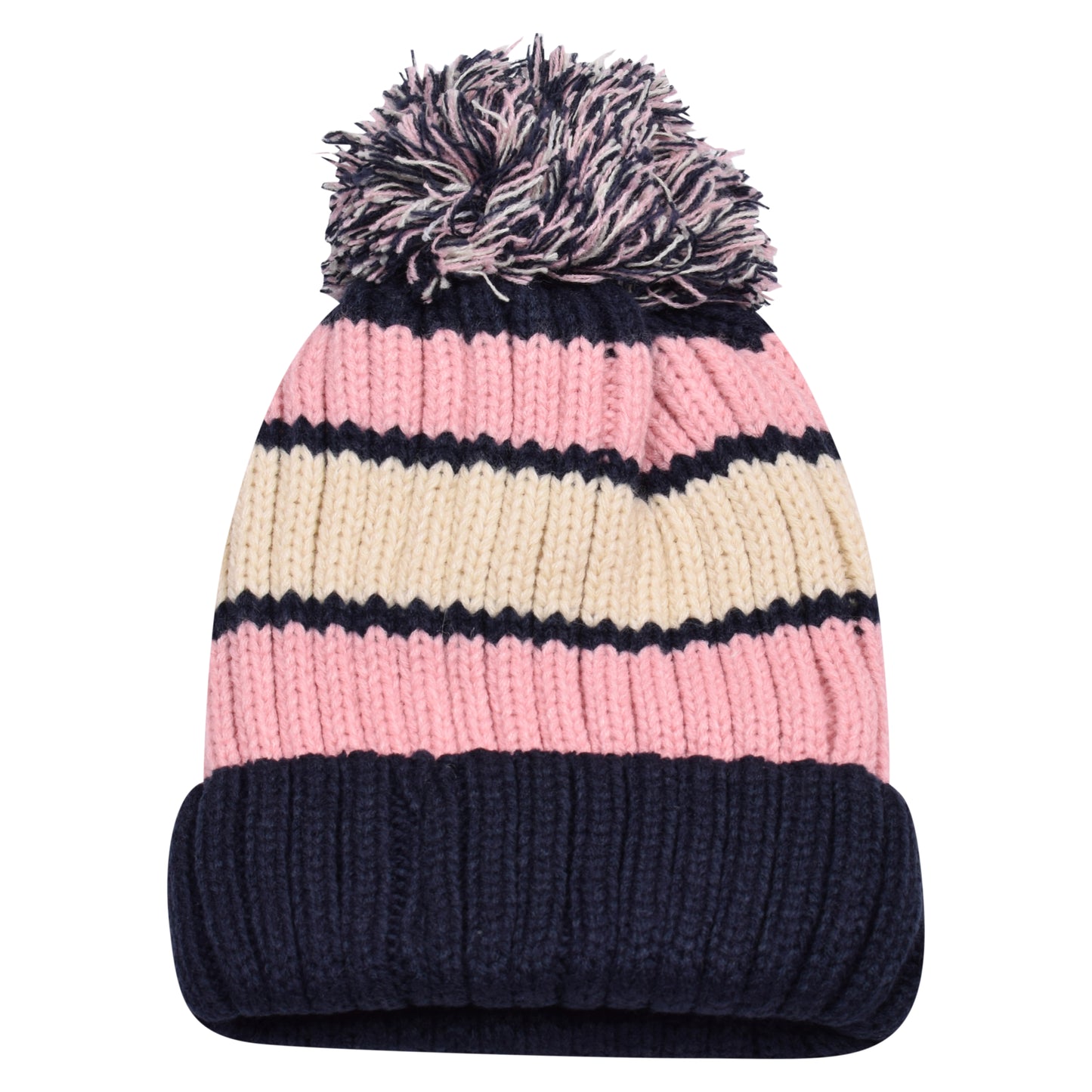 Thick Stripe Pompom Hats - Teddy Fur Fleece Lined