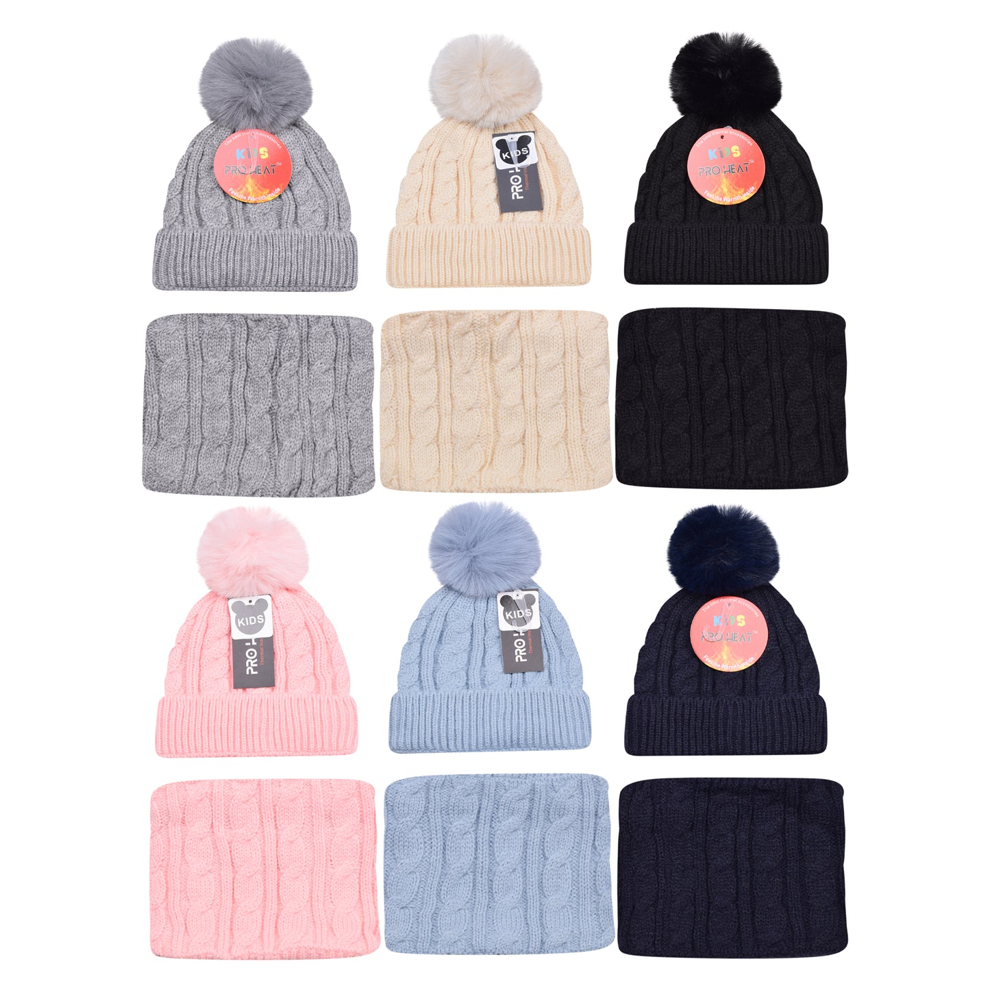 Kids Pro Heat Thermal Pom Hat & Neck Warmer Set – Assorted Colours