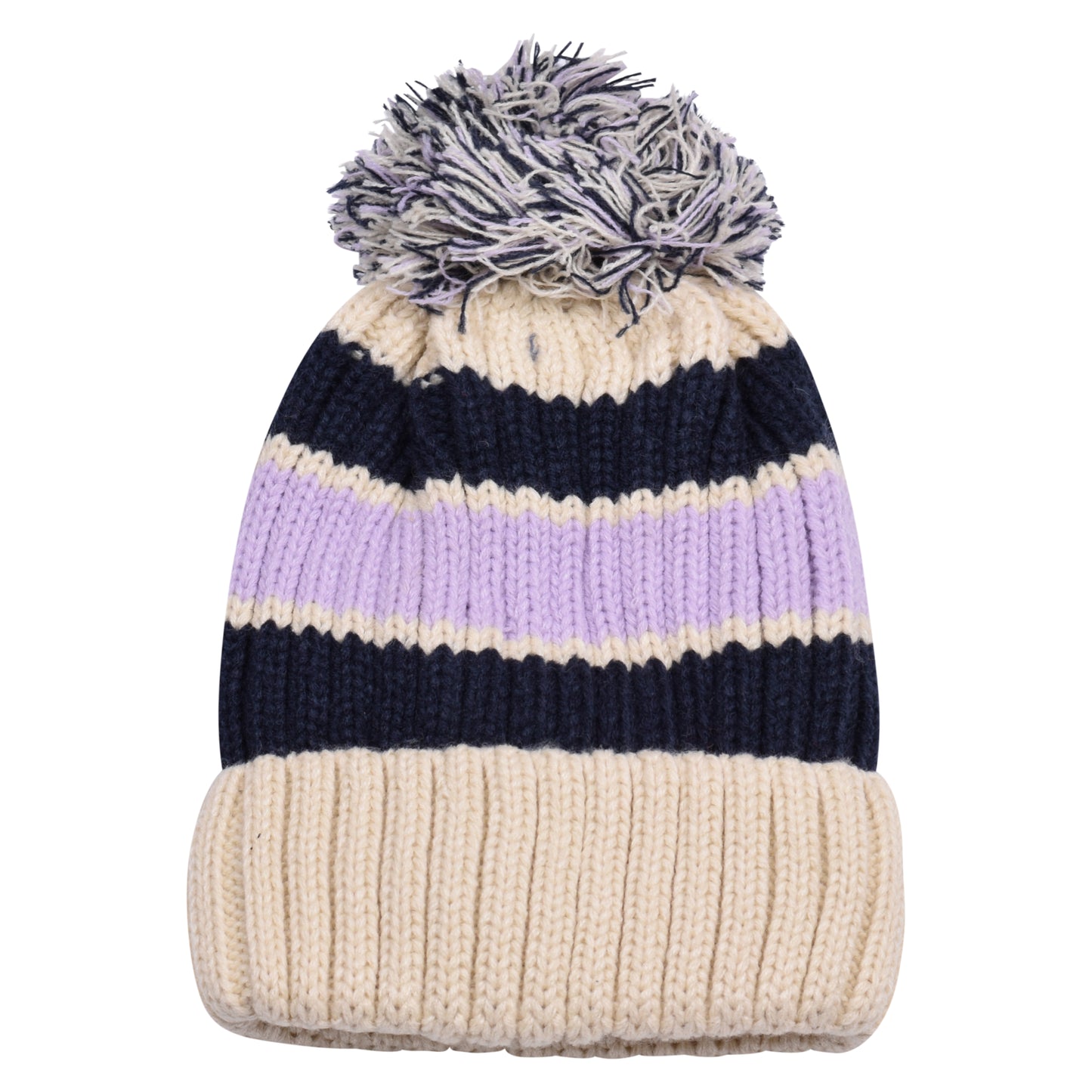 Thick Stripe Pompom Hats - Teddy Fur Fleece Lined