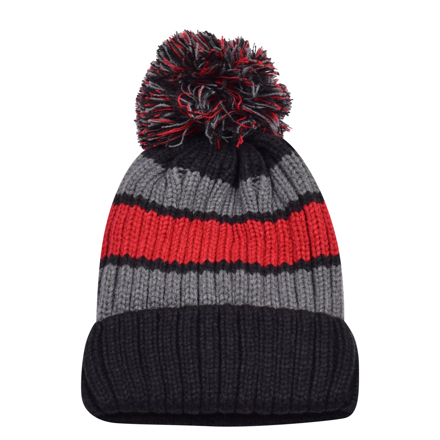 Thick Stripe Pompom Hats - Teddy Fur Fleece Lined
