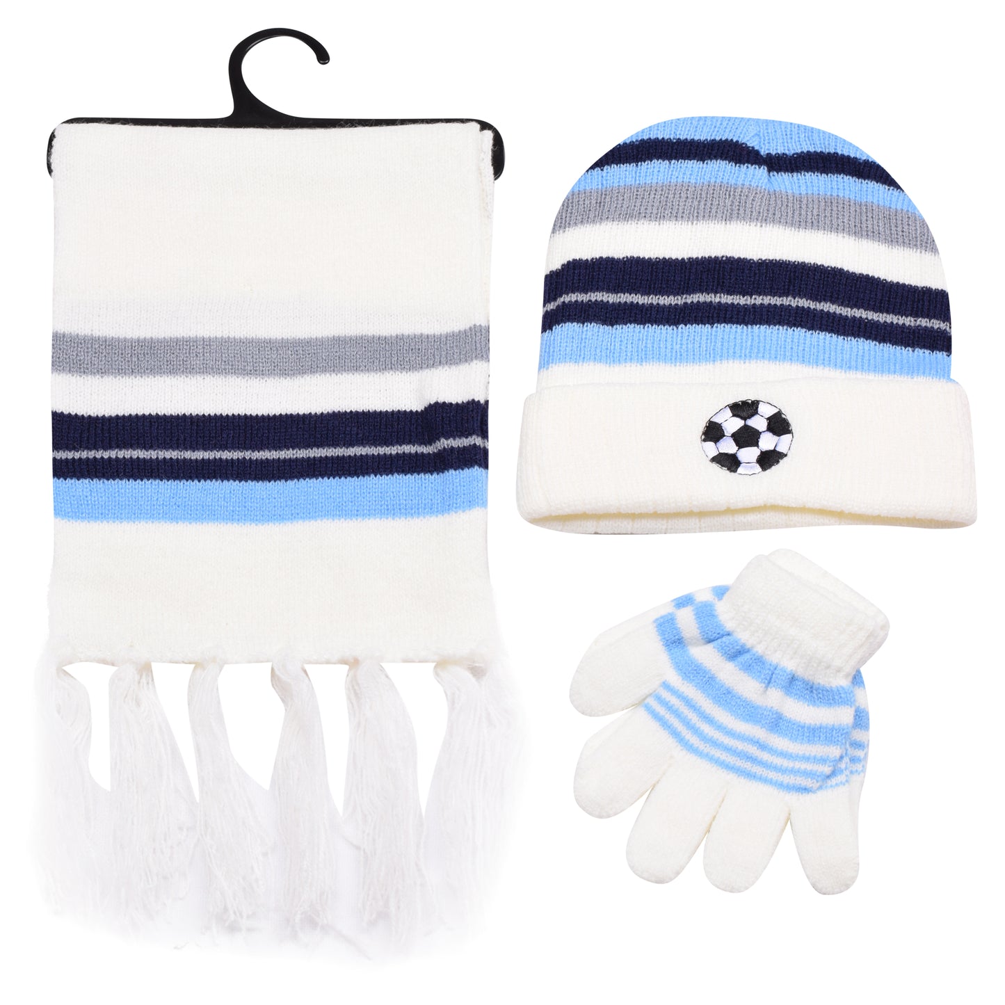 Kids Winter Hat, Scarf & Gloves Set – Football (12 pcs Assorted Colours)