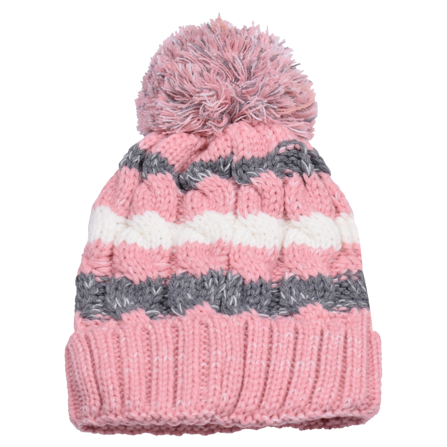 Striped Pompom Hats - Teddy Fur Fleece Lined