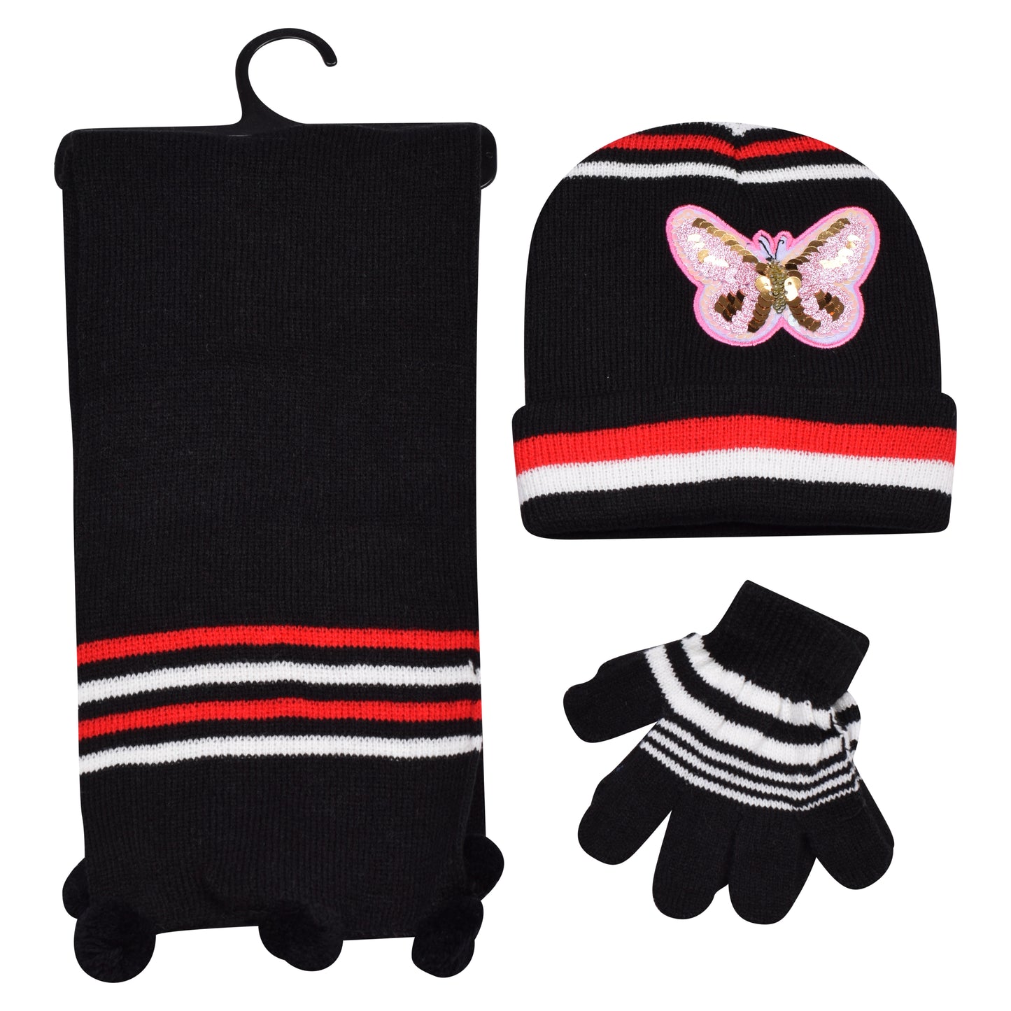 Kids Winter Hat, Scarf & Gloves Set – Sequin Butterfly (12 pcs Assorted Colours)