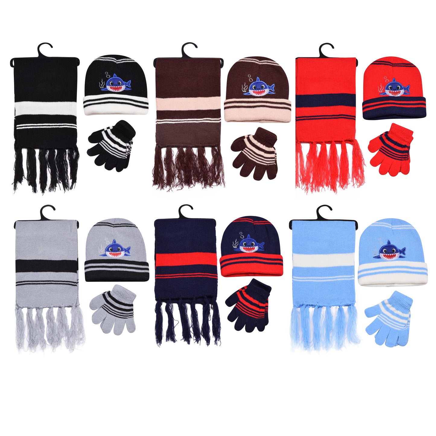 Kids Winter Hat, Scarf & Gloves Set – Shark (12 pcs Assorted Colours)