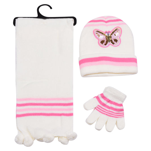 Kids Winter Hat, Scarf & Gloves Set – Sequin Butterfly (12 pcs Assorted Colours)
