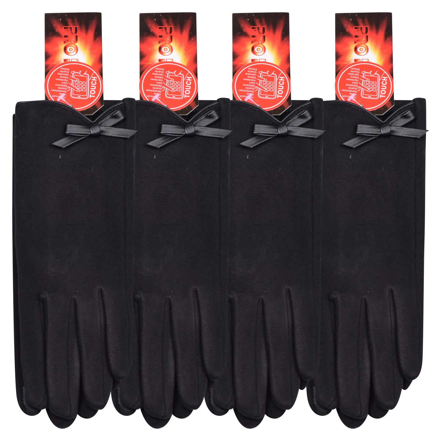 Ladies Cotton Touchscreen Gloves with Bow - Black (12 Pairs)