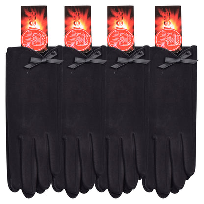 Ladies Cotton Touchscreen Gloves with Bow - Black (12 Pairs)