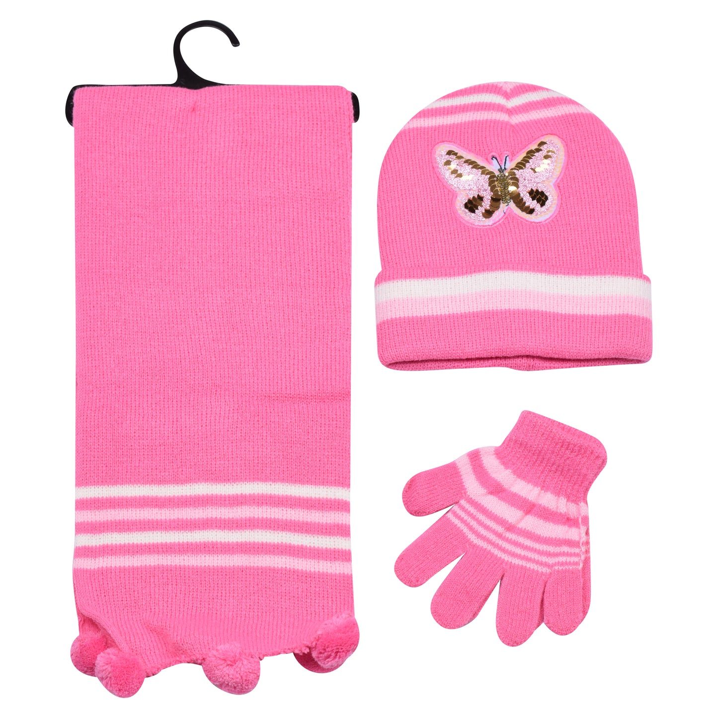Kids Winter Hat, Scarf & Gloves Set – Sequin Butterfly (12 pcs Assorted Colours)