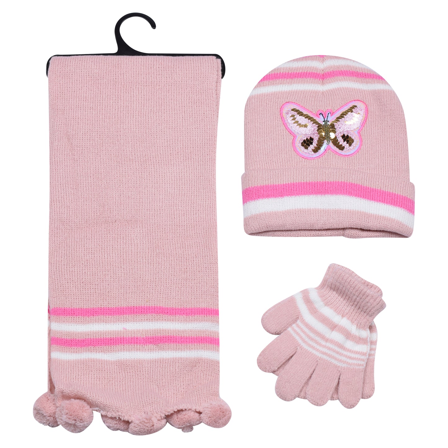 Kids Winter Hat, Scarf & Gloves Set – Sequin Butterfly (12 pcs Assorted Colours)