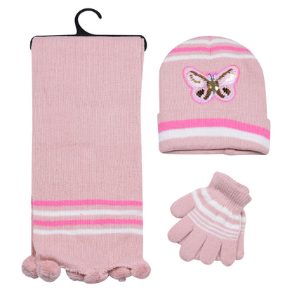 Kids Winter Hat, Scarf & Gloves Set – Sequin Butterfly (12 pcs Assorted Colours)