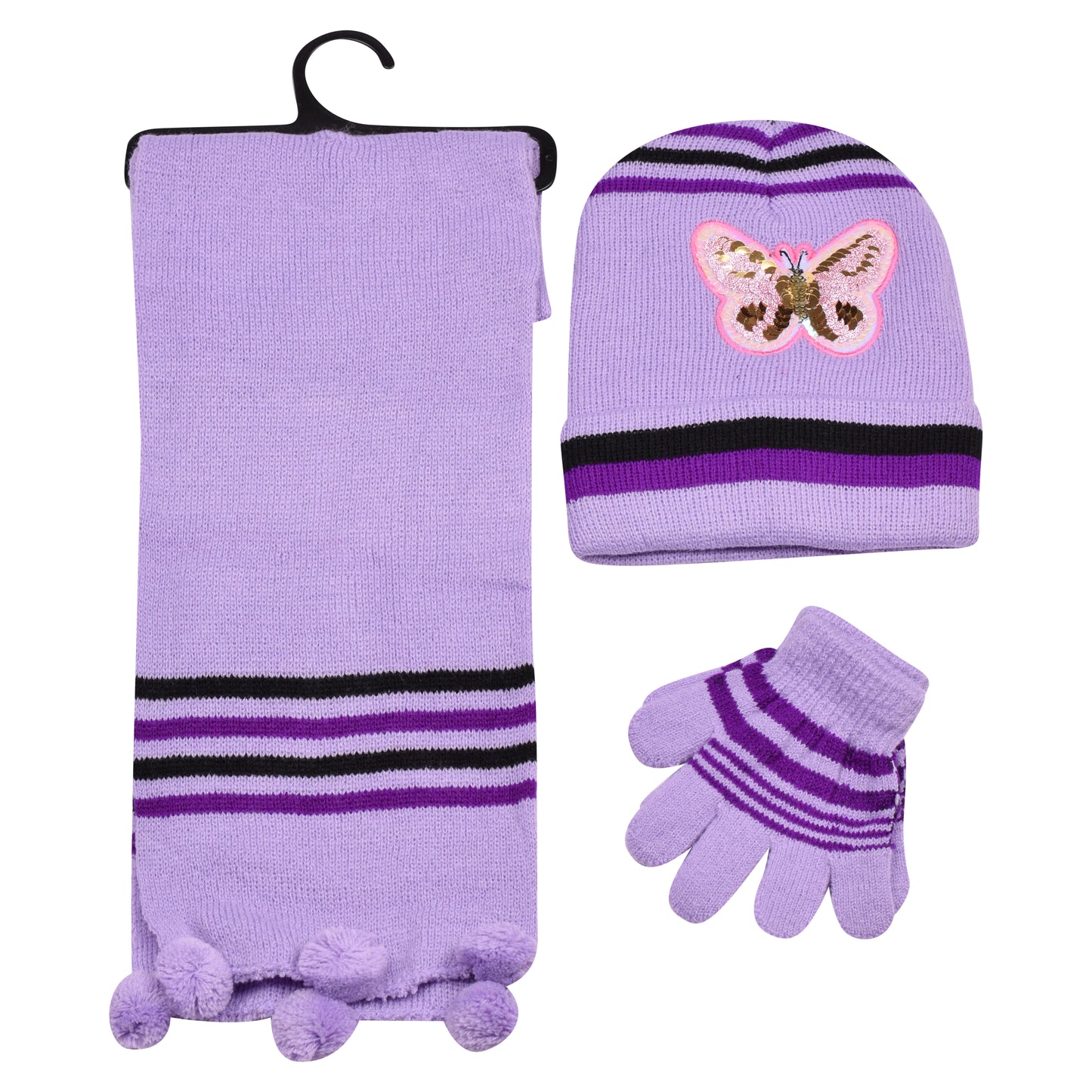 Kids Winter Hat, Scarf & Gloves Set – Sequin Butterfly (12 pcs Assorted Colours)