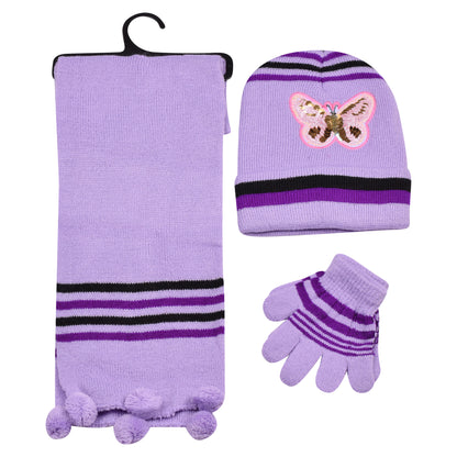 Kids Winter Hat, Scarf & Gloves Set – Sequin Butterfly (12 pcs Assorted Colours)