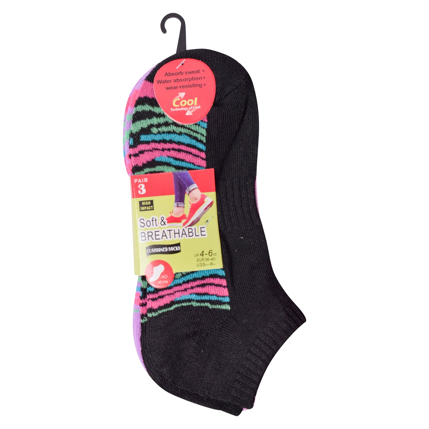 Ladies Cushioned Trainer Socks - Assorted Stripes (12 Pairs)