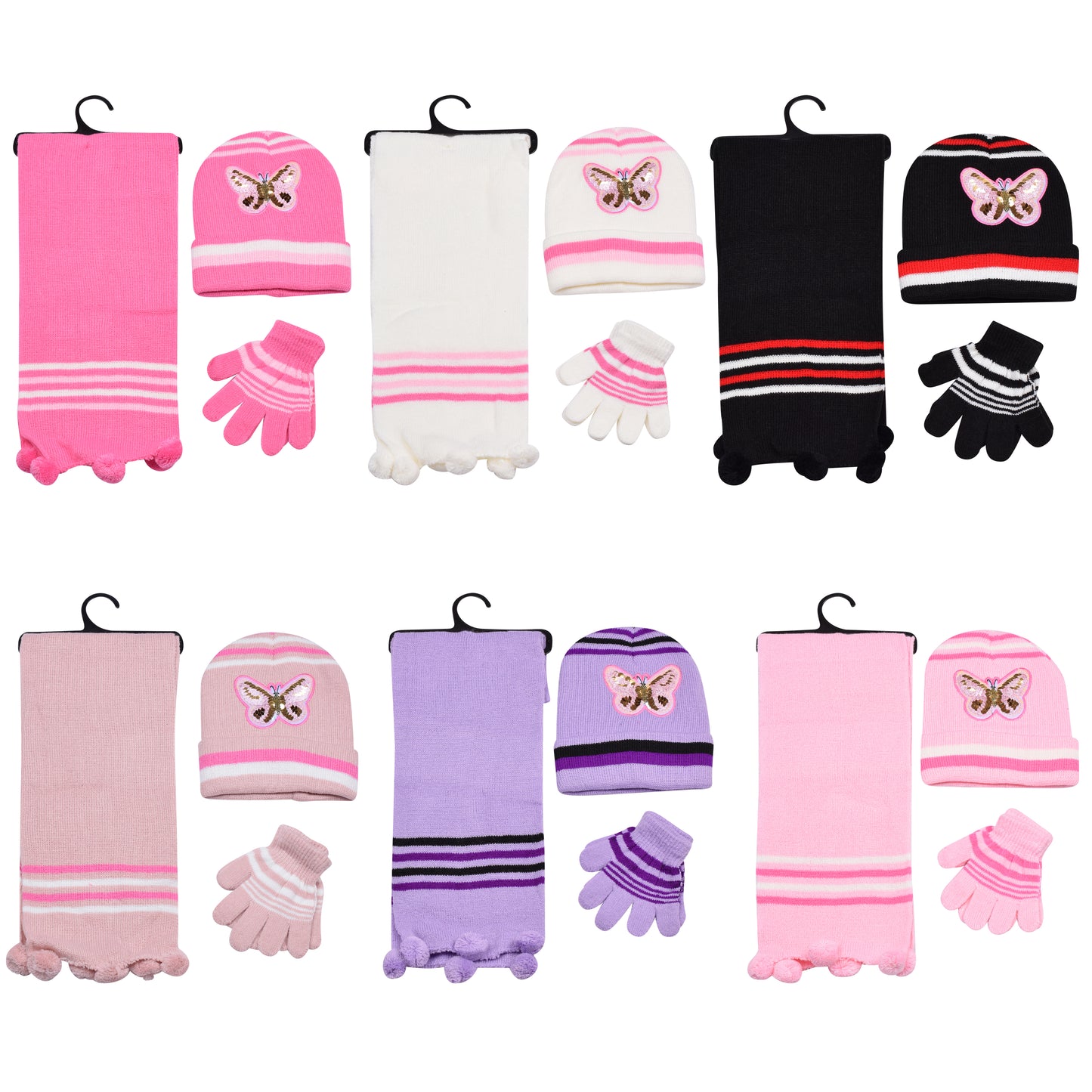 Kids Winter Hat, Scarf & Gloves Set – Sequin Butterfly (12 pcs Assorted Colours)