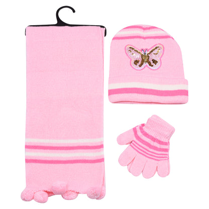 Kids Winter Hat, Scarf & Gloves Set – Sequin Butterfly (12 pcs Assorted Colours)