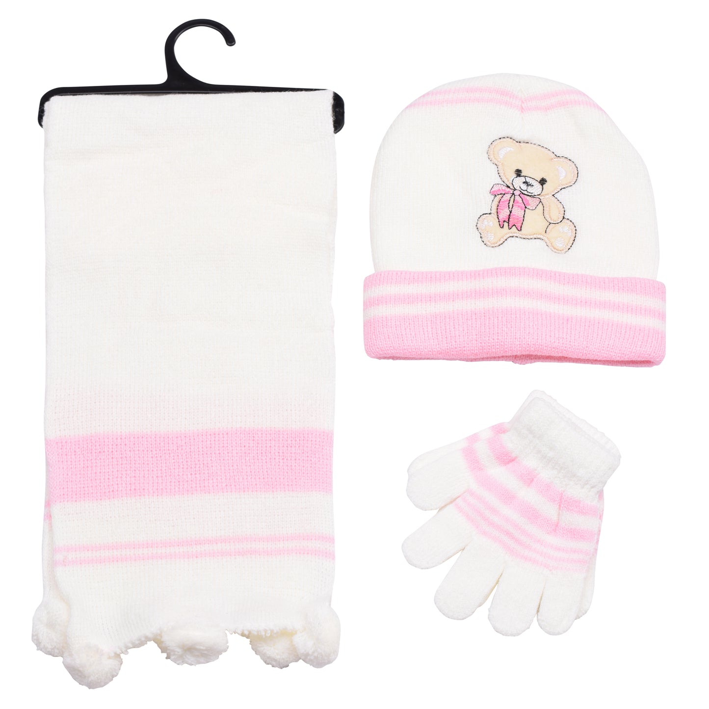 Kids Winter Hat, Scarf & Gloves Set – Teddy Bear (12 pcs Assorted Colours)