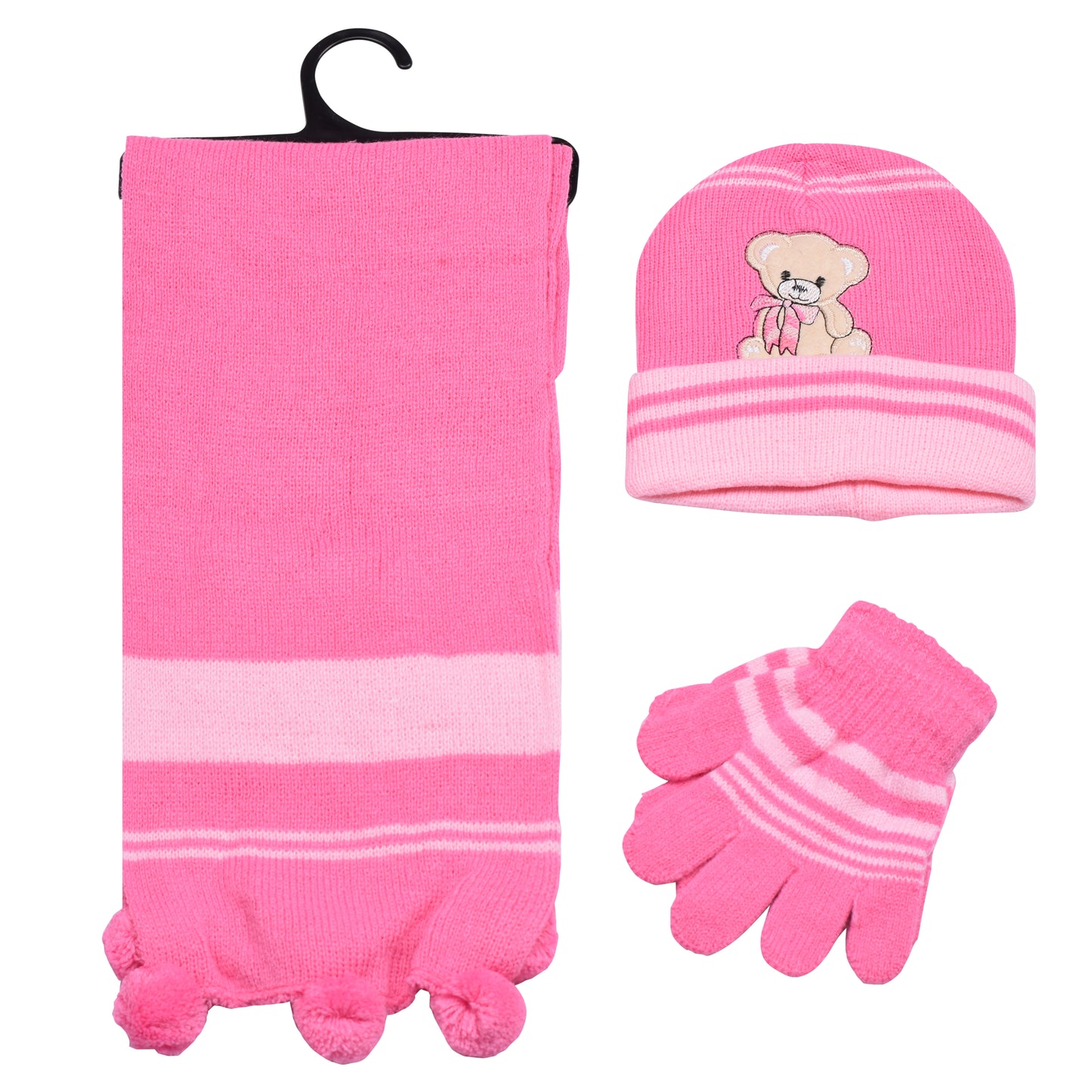 Kids Winter Hat, Scarf & Gloves Set – Teddy Bear (12 pcs Assorted Colours)
