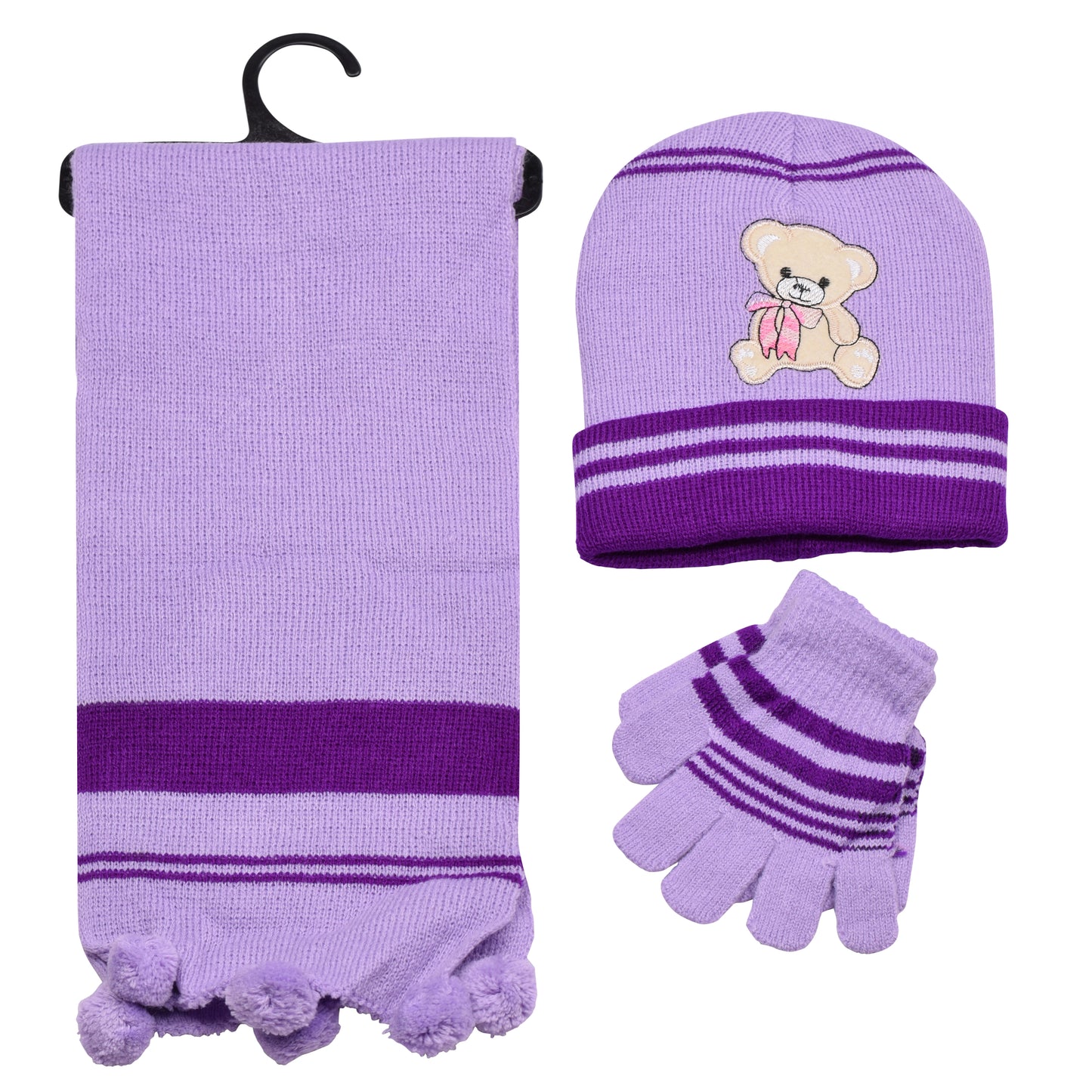 Kids Winter Hat, Scarf & Gloves Set – Teddy Bear (12 pcs Assorted Colours)
