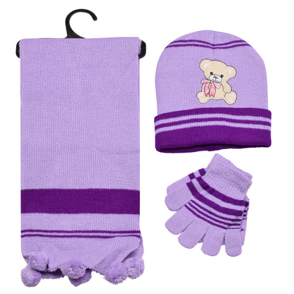 Kids Winter Hat, Scarf & Gloves Set – Teddy Bear (12 pcs Assorted Colours)