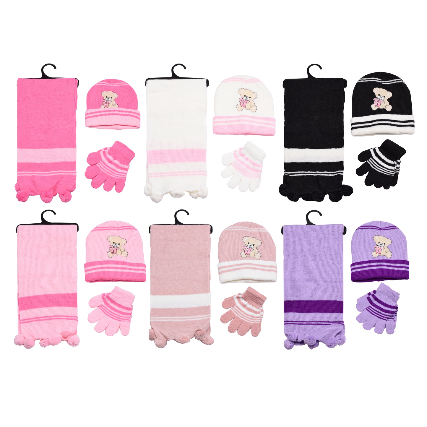 Kids Winter Hat, Scarf & Gloves Set – Teddy Bear (12 pcs Assorted Colours)