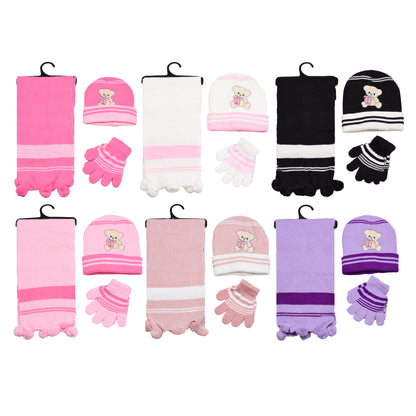 Kids Winter Hat, Scarf & Gloves Set – Teddy Bear (12 pcs Assorted Colours)