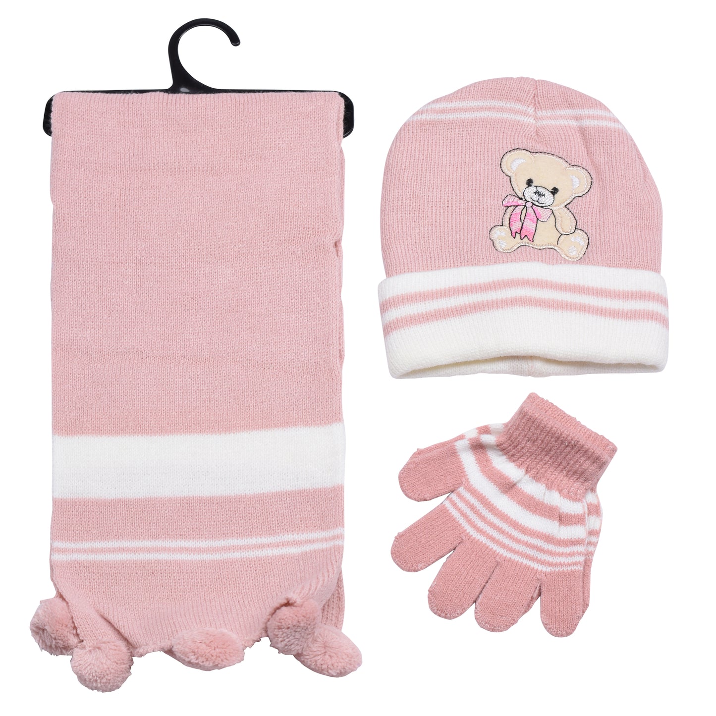 Kids Winter Hat, Scarf & Gloves Set – Teddy Bear (12 pcs Assorted Colours)